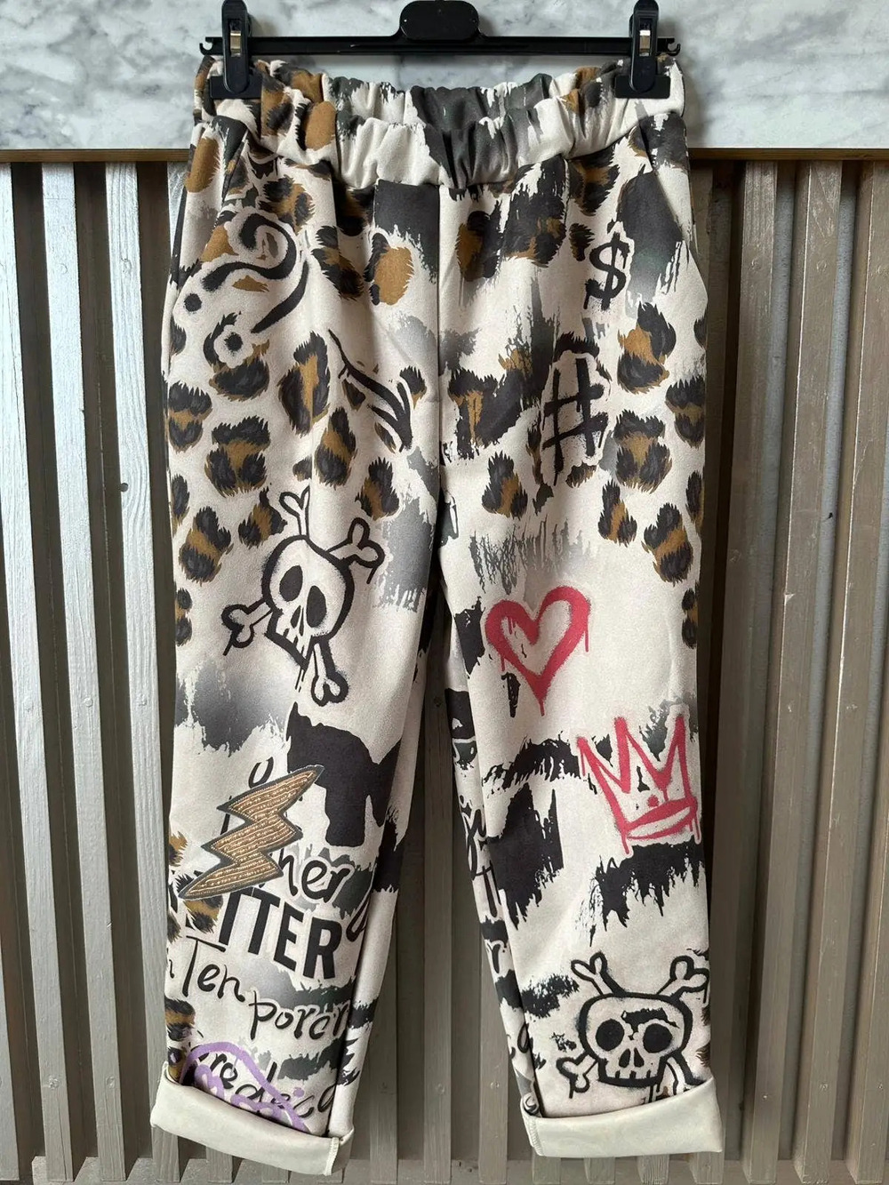 L547 | Loowie Edgy Animal Print & Graffiti Style Jogger Pants | Beige | 1 Sz S-L